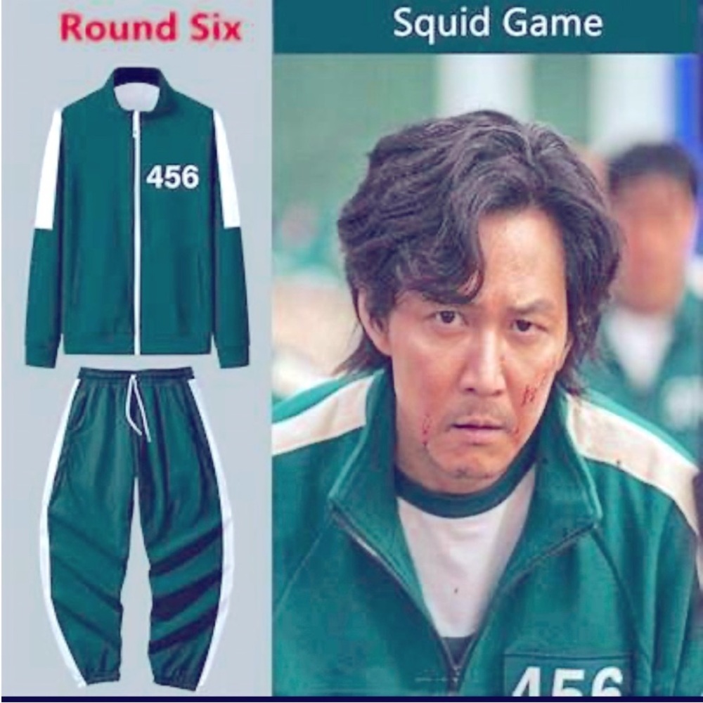 Squid Games Halloween Costume NWT Green & White Track Suit with Number 456 large